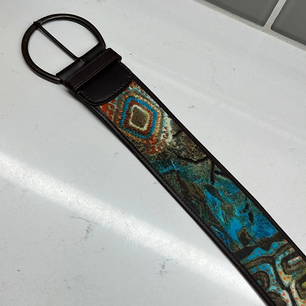 Chicos Faux Leather Trim Fabric Front Belt Round Buckle Teal Abstract Print Sz S